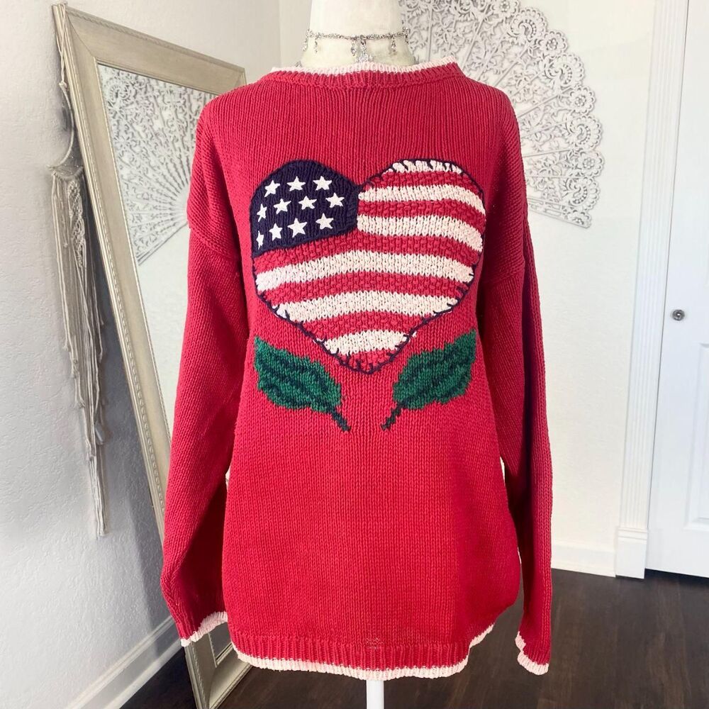 Eagle's Eye VTG 90s Nostalgia Red White Blue American Flag Hear Knit Sweater XL